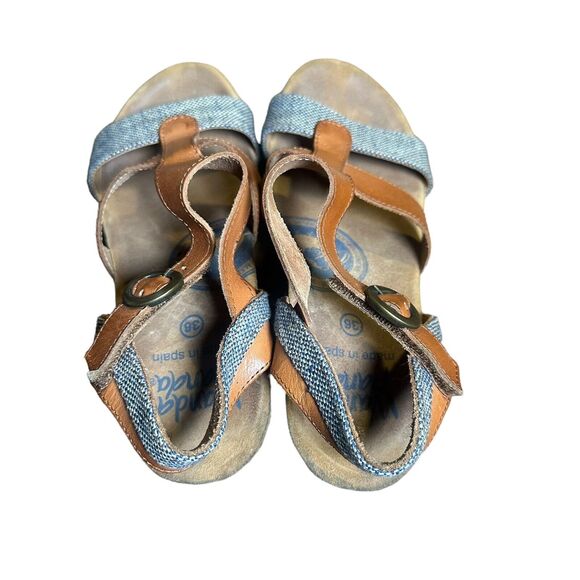 Wanda Panda Women’s Boho Strappy Denim/Brown Leather Slingback Heels Size 36 - Picture 4 of 11